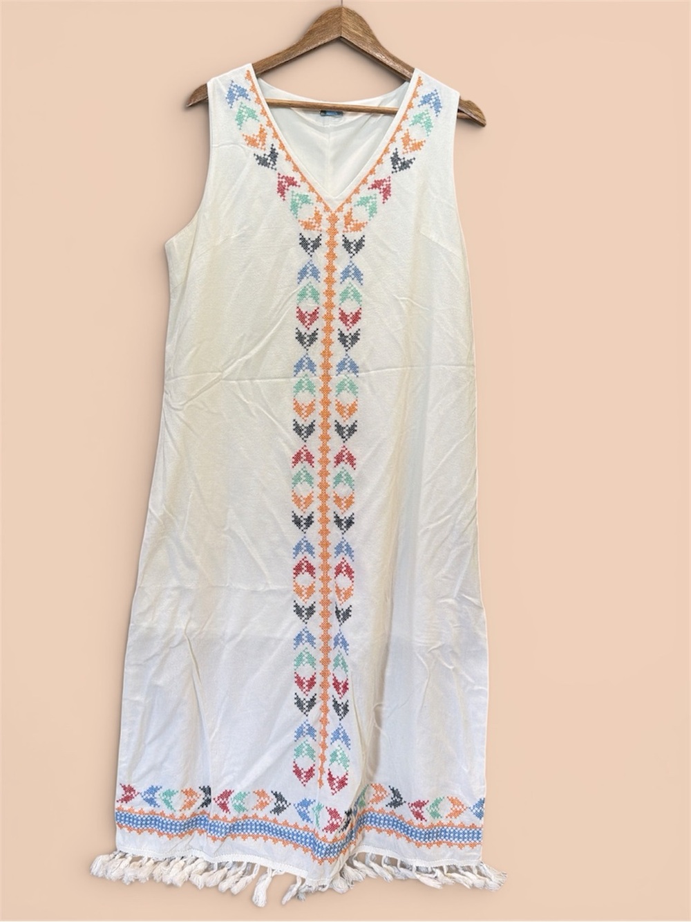 SHEIN White Maxi Dress with Multicolor Embroidered Trim